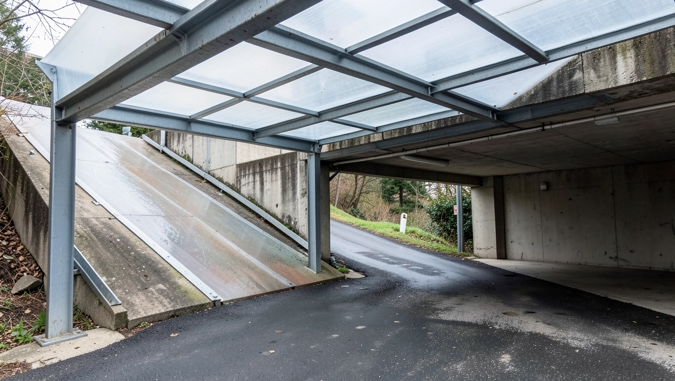 Dojazd do garażu podziemnego pod zadaszeniem